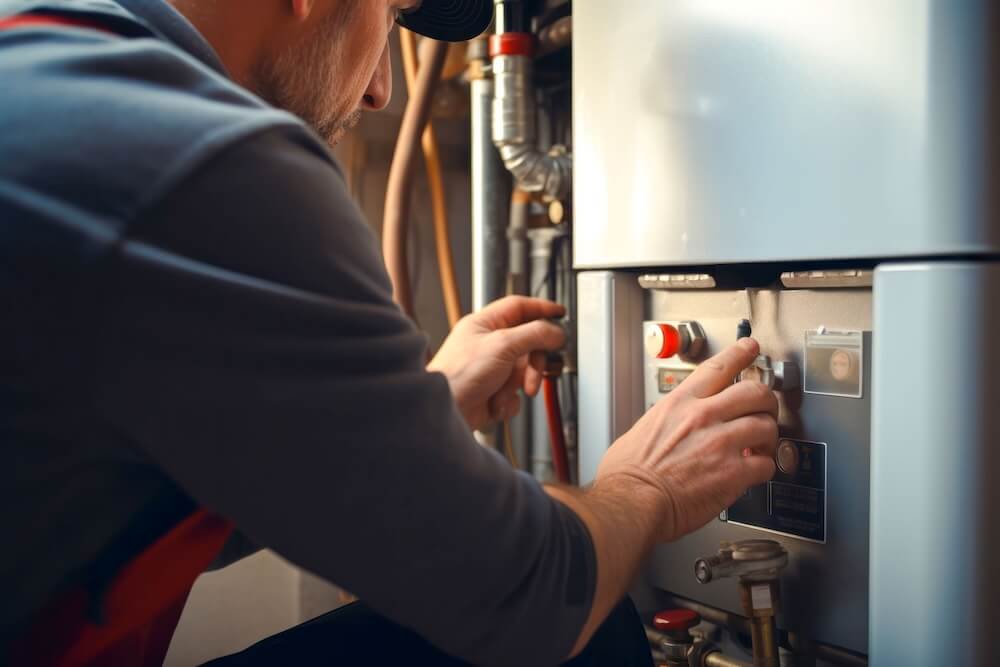 A plumber adjusting controls on a home boiler system, checking pipes and settings during routine maintenance. The close-up view shows hands operating boiler valves and plumbing components.